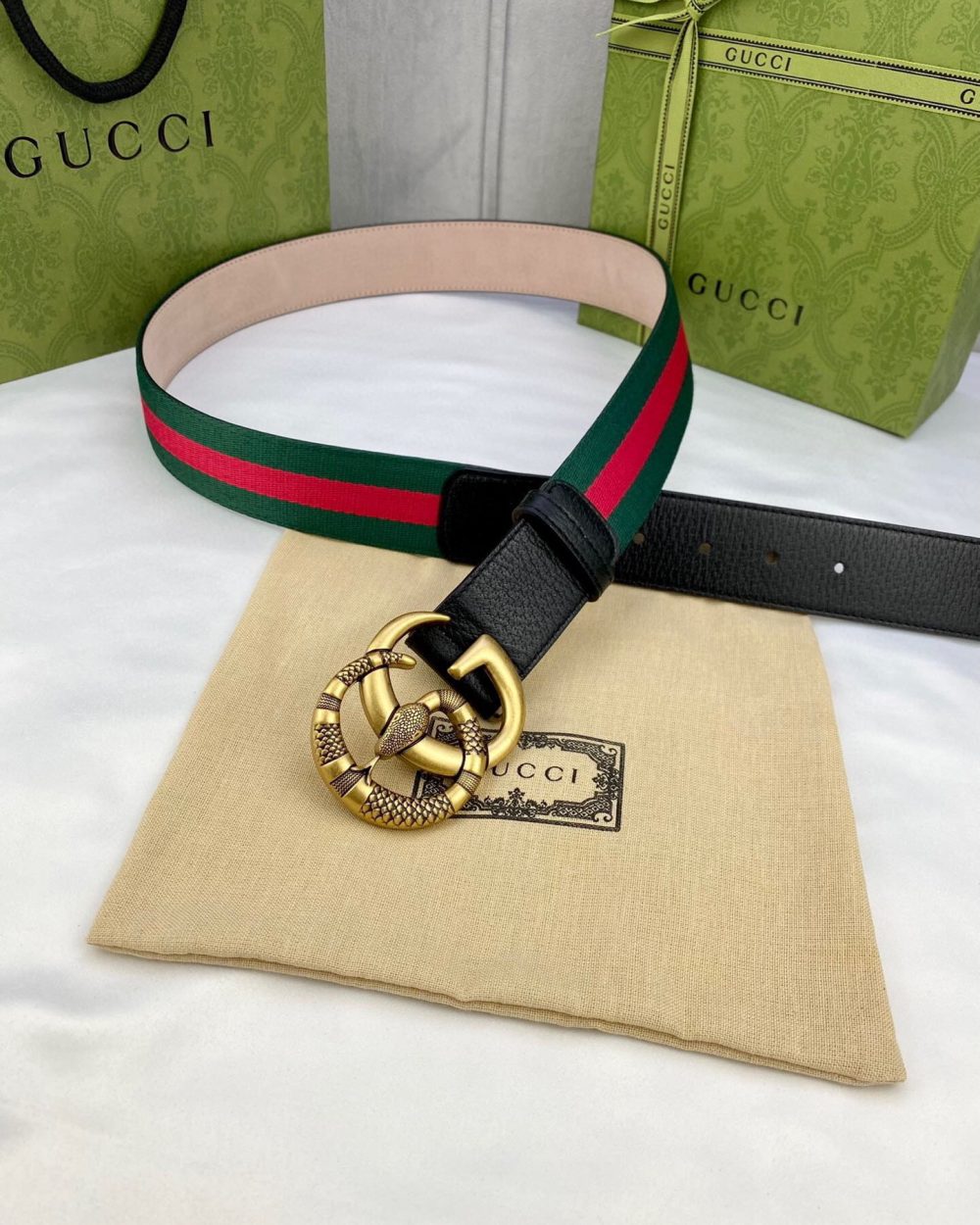 1:1 Replica Gucci Web Belt With Double G Snake Buckle Green/Red Web Fabric And Black For Women, Women Belt
