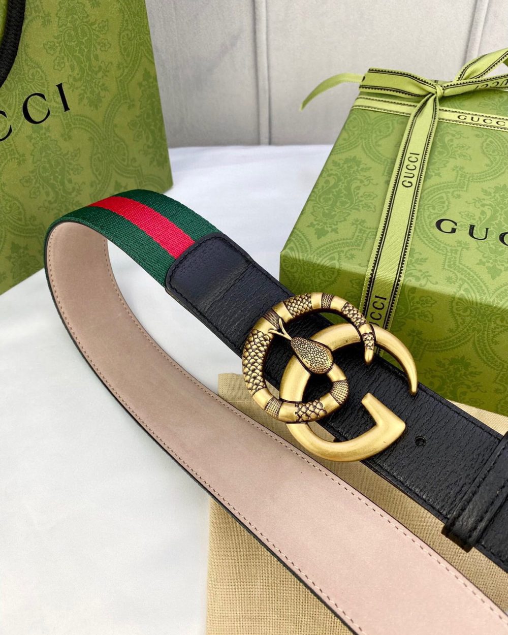 1:1 Replica Gucci Web Belt With Double G Snake Buckle Green/Red Web Fabric And Black For Women, Women Belt