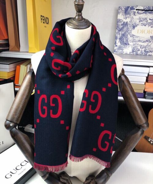 Gucci Wool Silk Jacquard Monogram Blue/ Red Scarf 180cm/71in 495592 4G350 4074 