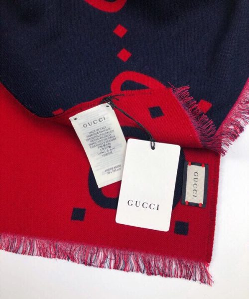Gucci Wool Silk Jacquard Monogram Blue/ Red Scarf 180cm/71in 495592 4G350 4074 