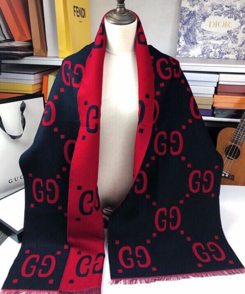 Gucci Wool Silk Jacquard Monogram Blue/ Red Scarf 180cm/71in 495592 4G350 4074 