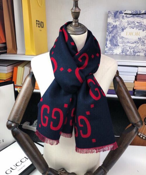 Gucci Wool Silk Jacquard Monogram Blue/ Red Scarf 180cm/71in 495592 4G350 4074 