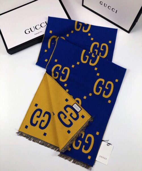 Gucci Wool Silk Jacquard Monogram Blue/Yellow Scarf 180cm/71in