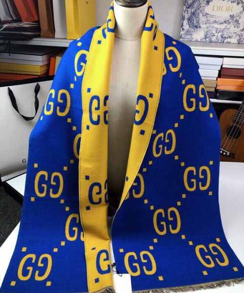 Gucci Wool Silk Jacquard Monogram Blue/Yellow Scarf 180cm/71in 