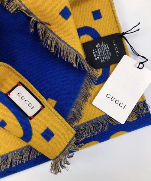 Gucci Wool Silk Jacquard Monogram Blue/Yellow Scarf 180cm/71in 