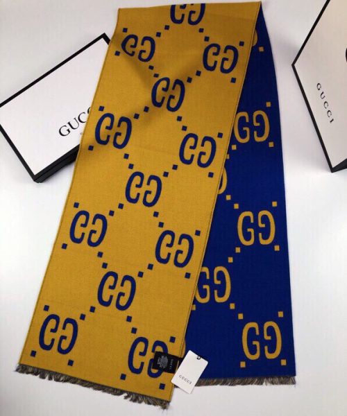 Gucci Wool Silk Jacquard Monogram Blue/Yellow Scarf 180cm/71in 
