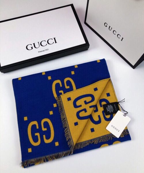 Gucci Wool Silk Jacquard Monogram Blue/Yellow Scarf 180cm/71in 