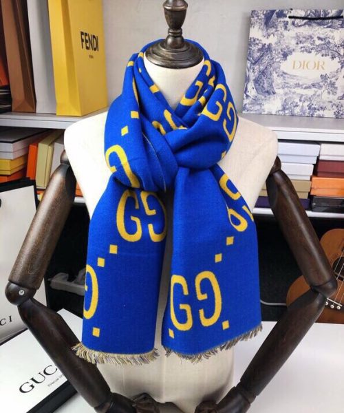 Gucci Wool Silk Jacquard Monogram Blue/Yellow Scarf 180cm/71in 