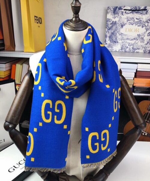Gucci Wool Silk Jacquard Monogram Blue/Yellow Scarf 180cm/71in 