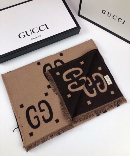 Gucci Wool Silk Jacquard Monogram Brown/Beige Scarf 180cm/71in 495592 4G350 2179 