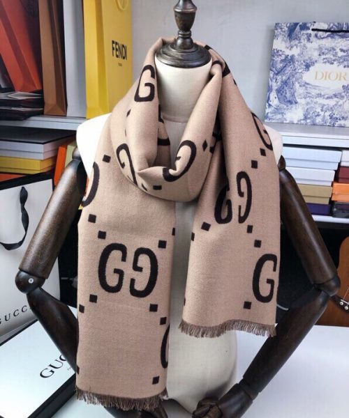 Gucci Wool Silk Jacquard Monogram Brown/Beige Scarf 180cm/71in 495592 4G350 2179 