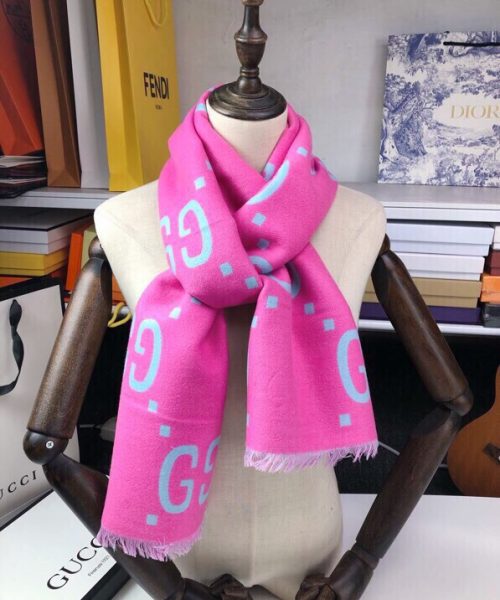 Gucci Wool Silk Jacquard Monogram Light Pink/ Light Blue Scarf 180cm/71in 