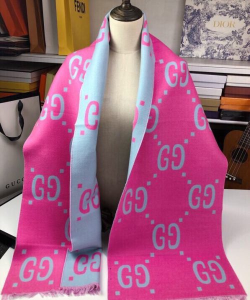 Gucci Wool Silk Jacquard Monogram Light Pink/ Light Blue Scarf 180cm/71in 
