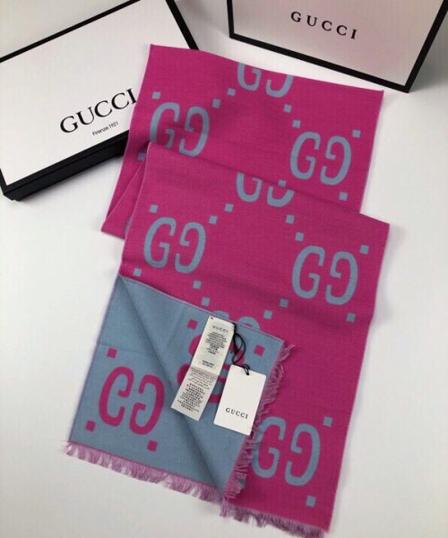 Gucci Wool Silk Jacquard Monogram Light Pink/ Light Blue Scarf 180cm/71in
