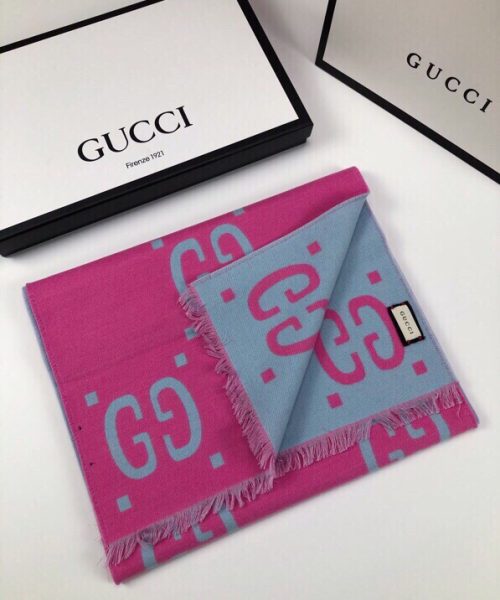 Gucci Wool Silk Jacquard Monogram Light Pink/ Light Blue Scarf 180cm/71in 