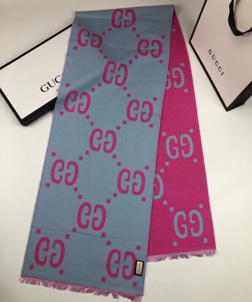 Gucci Wool Silk Jacquard Monogram Light Pink/ Light Blue Scarf 180cm/71in 