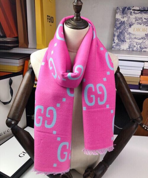Gucci Wool Silk Jacquard Monogram Light Pink/ Light Blue Scarf 180cm/71in 