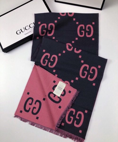 Gucci Wool Silk Jacquard Monogram Pink/ Dark Blue Scarf 180cm/71in 