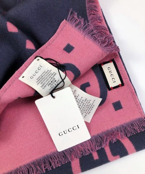 Gucci Wool Silk Jacquard Monogram Pink/ Dark Blue Scarf 180cm/71in 