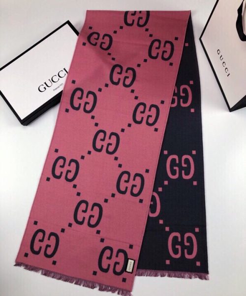 Gucci Wool Silk Jacquard Monogram Pink/ Dark Blue Scarf 180cm/71in 