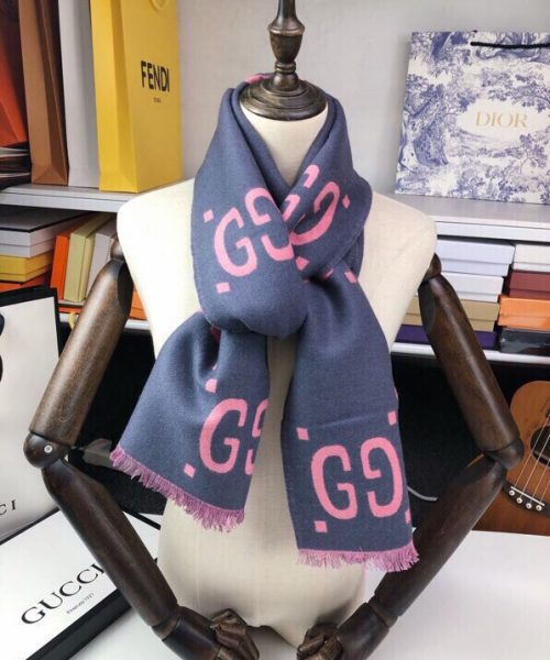 Gucci Wool Silk Jacquard Monogram Pink/ Dark Blue Scarf 180cm/71in 