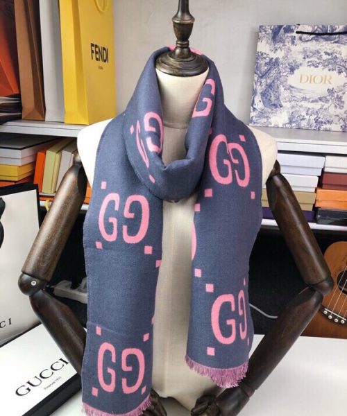 Gucci Wool Silk Jacquard Monogram Pink/ Dark Blue Scarf 180cm/71in 