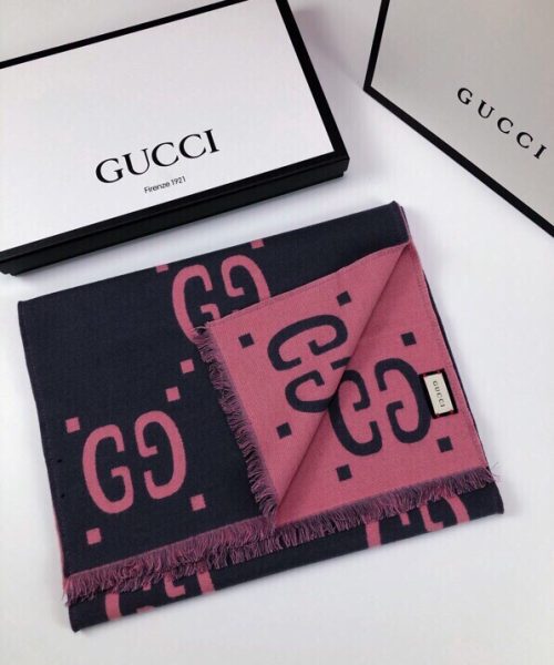 Gucci Wool Silk Jacquard Monogram Pink/ Dark Blue Scarf 180cm/71in 