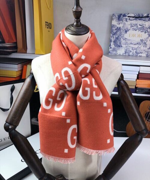 Gucci Wool Silk Jacquard Monogram Red/ White Scarf 180cm/71in 
