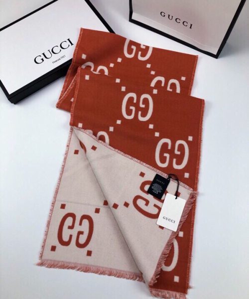 Gucci Wool Silk Jacquard Monogram Red/ White Scarf 180cm/71in 