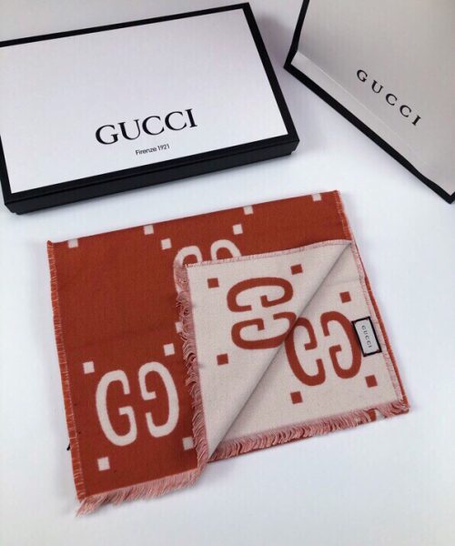 Gucci Wool Silk Jacquard Monogram Red/ White Scarf 180cm/71in 