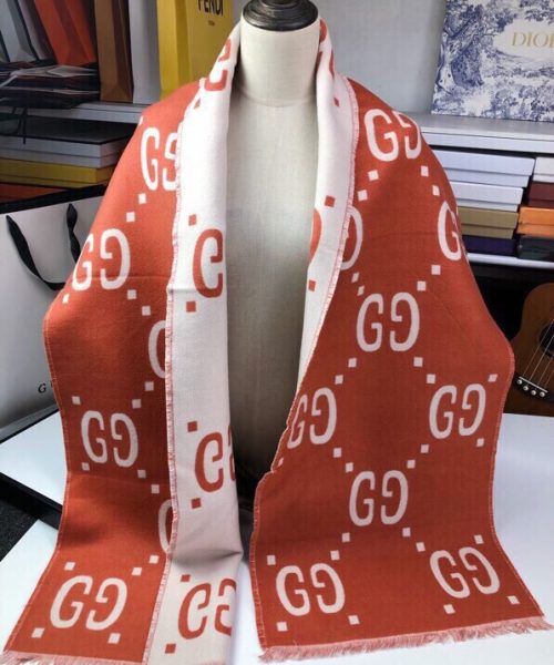 Gucci Wool Silk Jacquard Monogram Red/ White Scarf 180cm/71in 