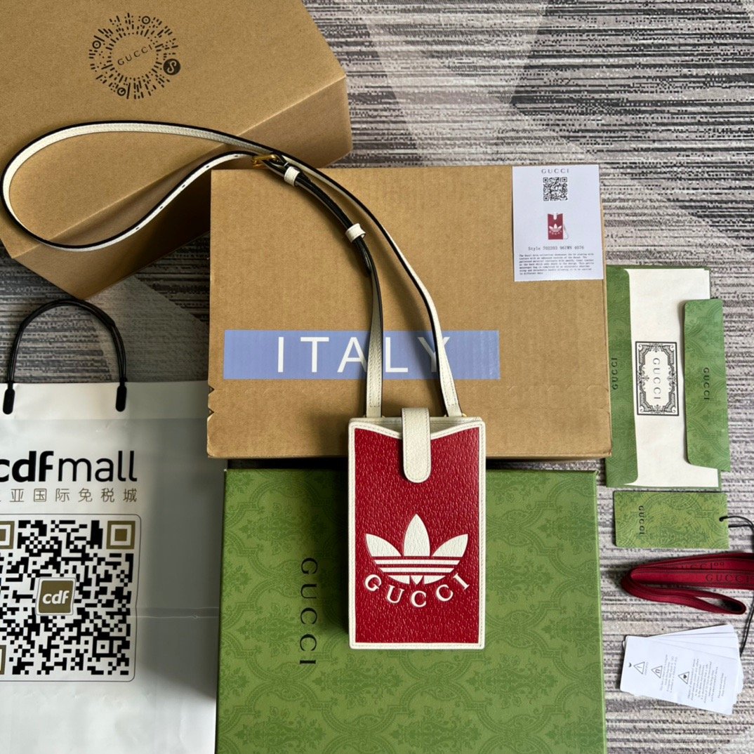 1:1 Replica Gucci x Adidas Phone Case Red For Women, Women's Bags 7.3in/18cm GG 702203 UZ3BT 6484