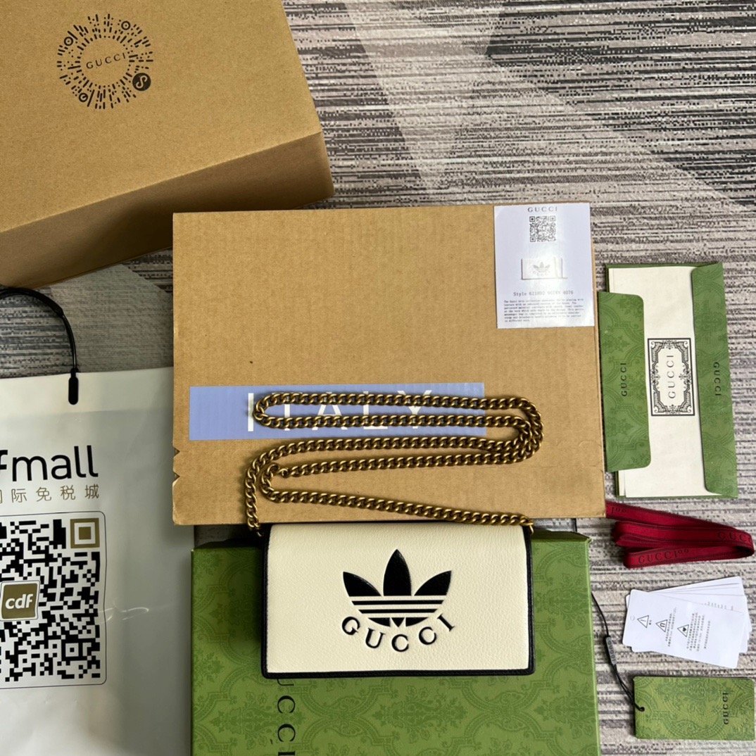 1:1 Replica Gucci x Adidas Wallet With Chain White For Women, Women's Bags 7.5in/19cm GG 621892 UZ3BG 8847