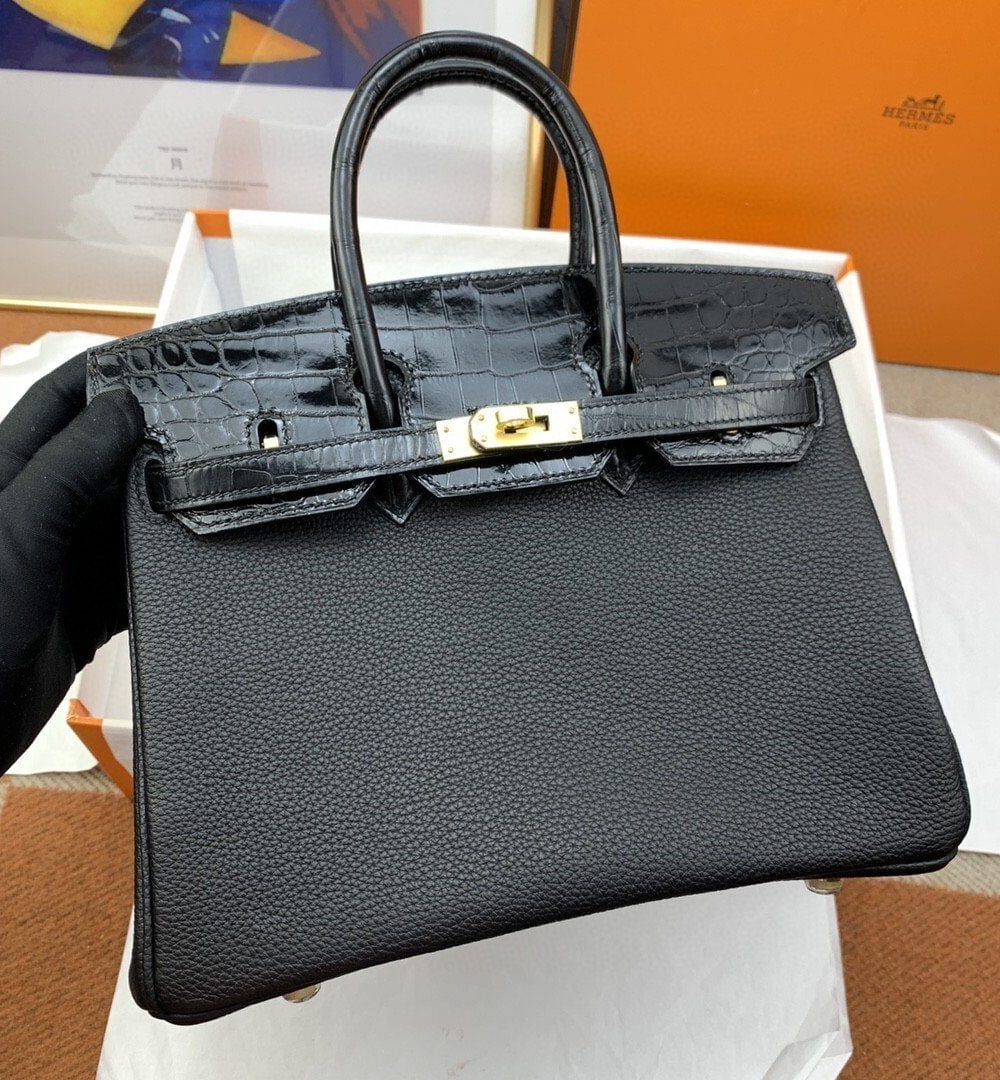 1:1 Replica Hermes Birkin Nata Swift Black For Women Gold Toned Hardware 10in/25cm