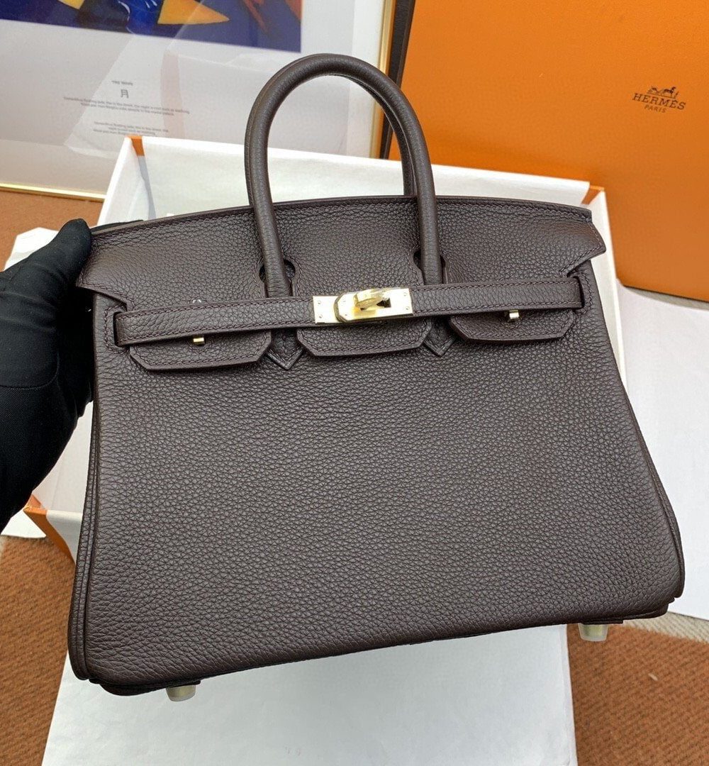 1:1 Replica Hermes Birkin Nata Swift Dark Brown For Women Gold Toned Hardware 10in/25cm