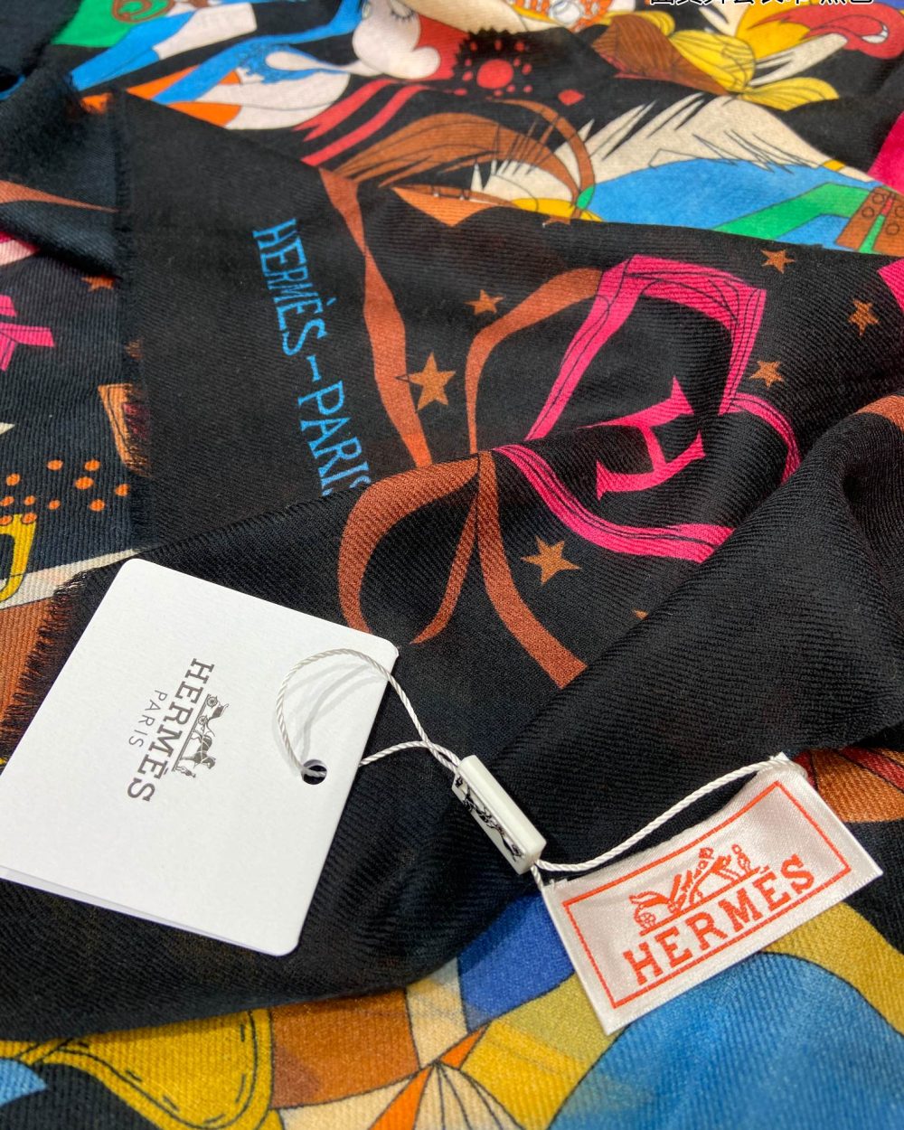 Hermes Cashmere Multicolor in Black Scarf 200cm/79in 