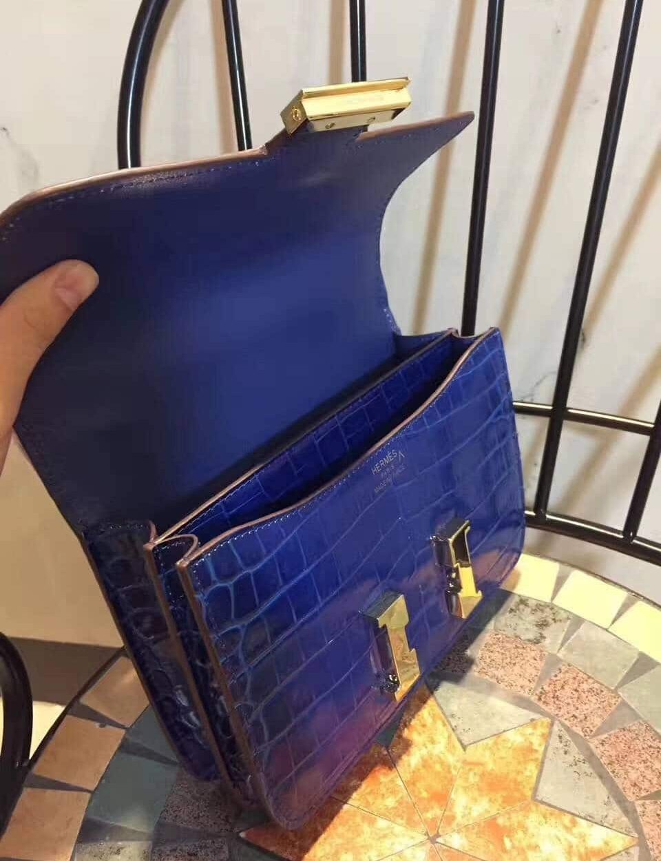 1:1 Replica Hermes Constance 24 Pattern Crocodile Blue For Women, Women's Handbags, Shoulder Bag 9.4in/24cm
