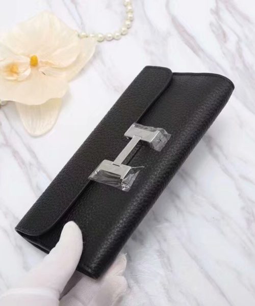 1:1 Replica Hermes Constance Togo Long Wallet 20cm/7.9in Silver Toned Hardware For Women Black
