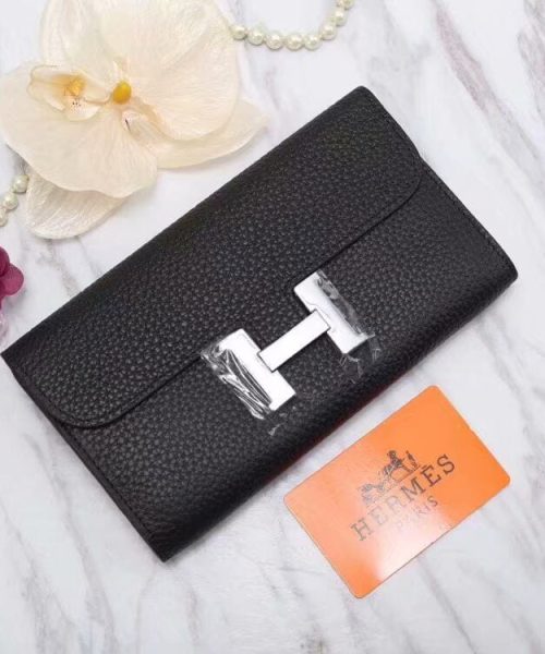 1:1 Replica Hermes Constance Togo Long Wallet 20cm/7.9in Silver Toned Hardware For Women Black
