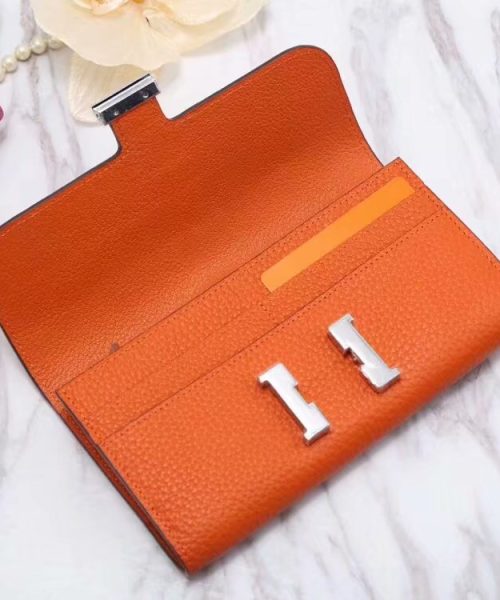 1:1 Replica Hermes Constance Togo Long Wallet 20cm/7.9in Silver Toned Hardware For Women Orange