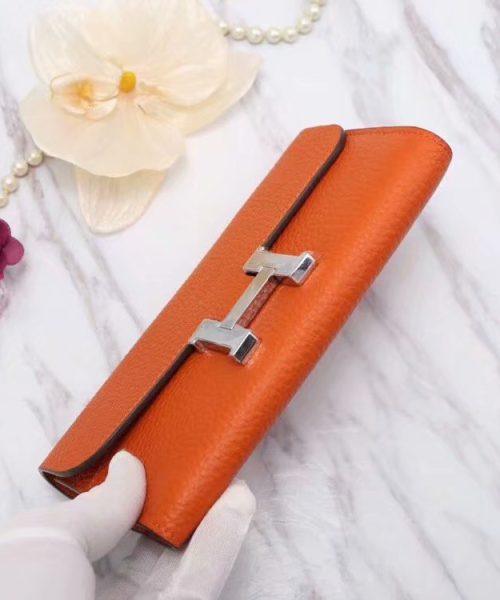 1:1 Replica Hermes Constance Togo Long Wallet 20cm/7.9in Silver Toned Hardware For Women Orange