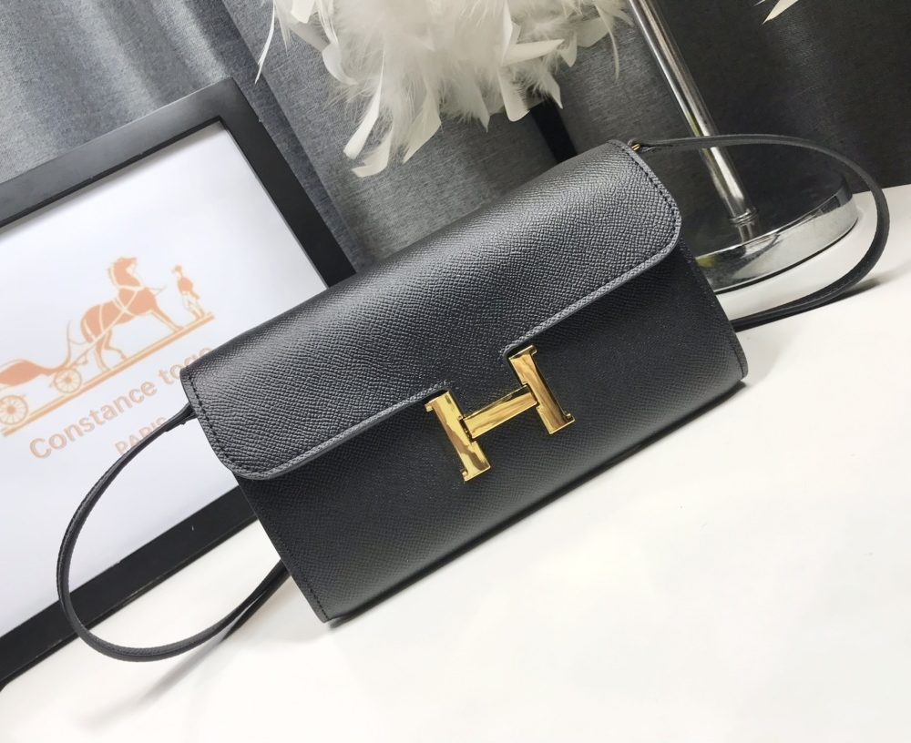 1:1 Replica Hermes Constance Togo Long Wallet  21cm/8.3in Gold Toned Hardware For Women Black