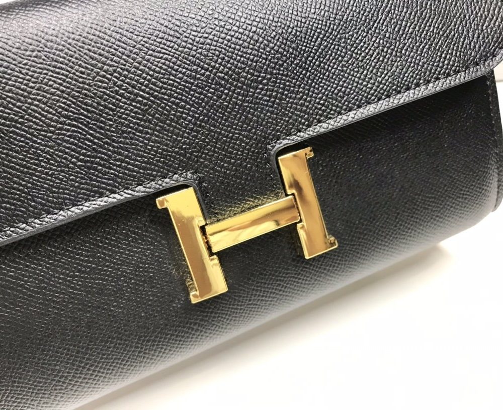 1:1 Replica Hermes Constance Togo Long Wallet  21cm/8.3in Gold Toned Hardware For Women Black