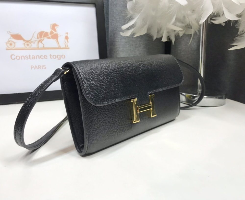 1:1 Replica Hermes Constance Togo Long Wallet  21cm/8.3in Gold Toned Hardware For Women Black