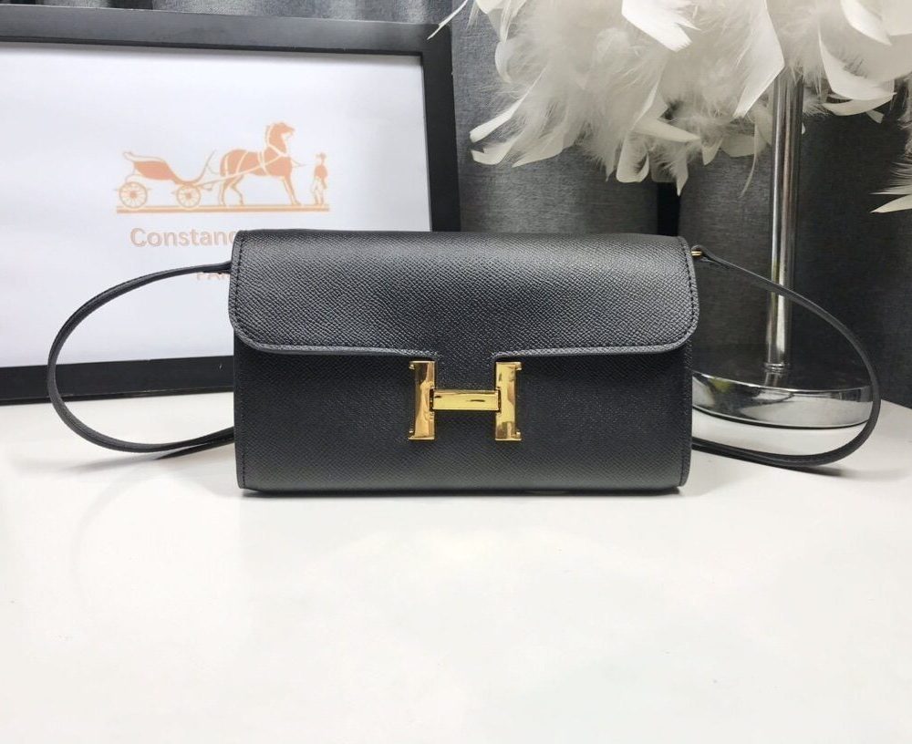 1:1 Replica Hermes Constance Togo Long Wallet 21cm/8.3in Gold Toned Hardware For Women Black