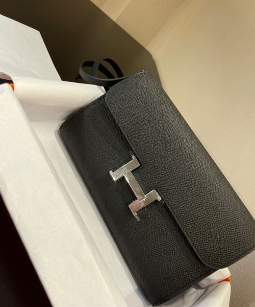 1:1 Replica Hermes Constance Togo Long Wallet  21cm/8.3in Silver Toned Hardware For Women Black
