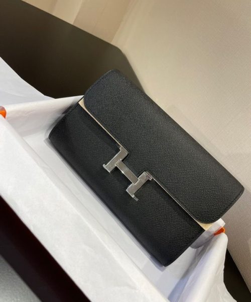 1:1 Replica Hermes Constance Togo Long Wallet  21cm/8.3in Silver Toned Hardware For Women Black
