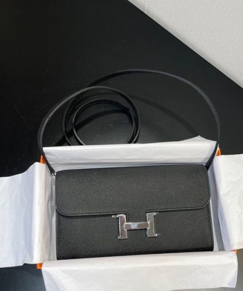 1:1 Replica Hermes Constance Togo Long Wallet 21cm/8.3in Silver Toned Hardware For Women Black