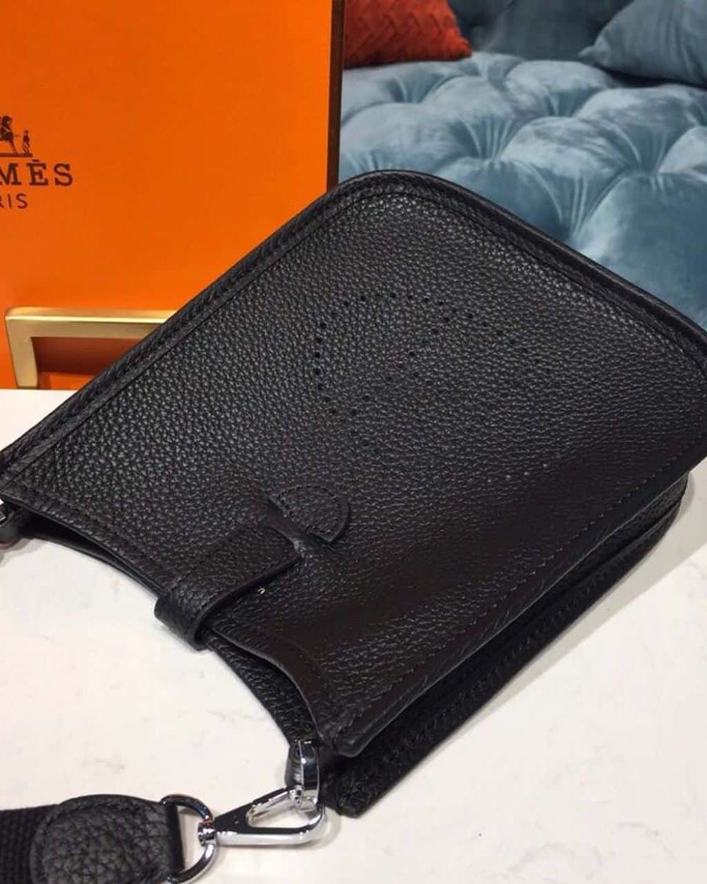1:1 Replica Hermes Evelyne II TPM Bag Black For Women Silver Toned Hardware 7.9in/20cm