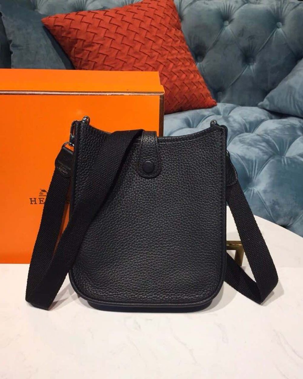 1:1 Replica Hermes Evelyne II TPM Bag Black For Women Silver Toned Hardware 7.9in/20cm